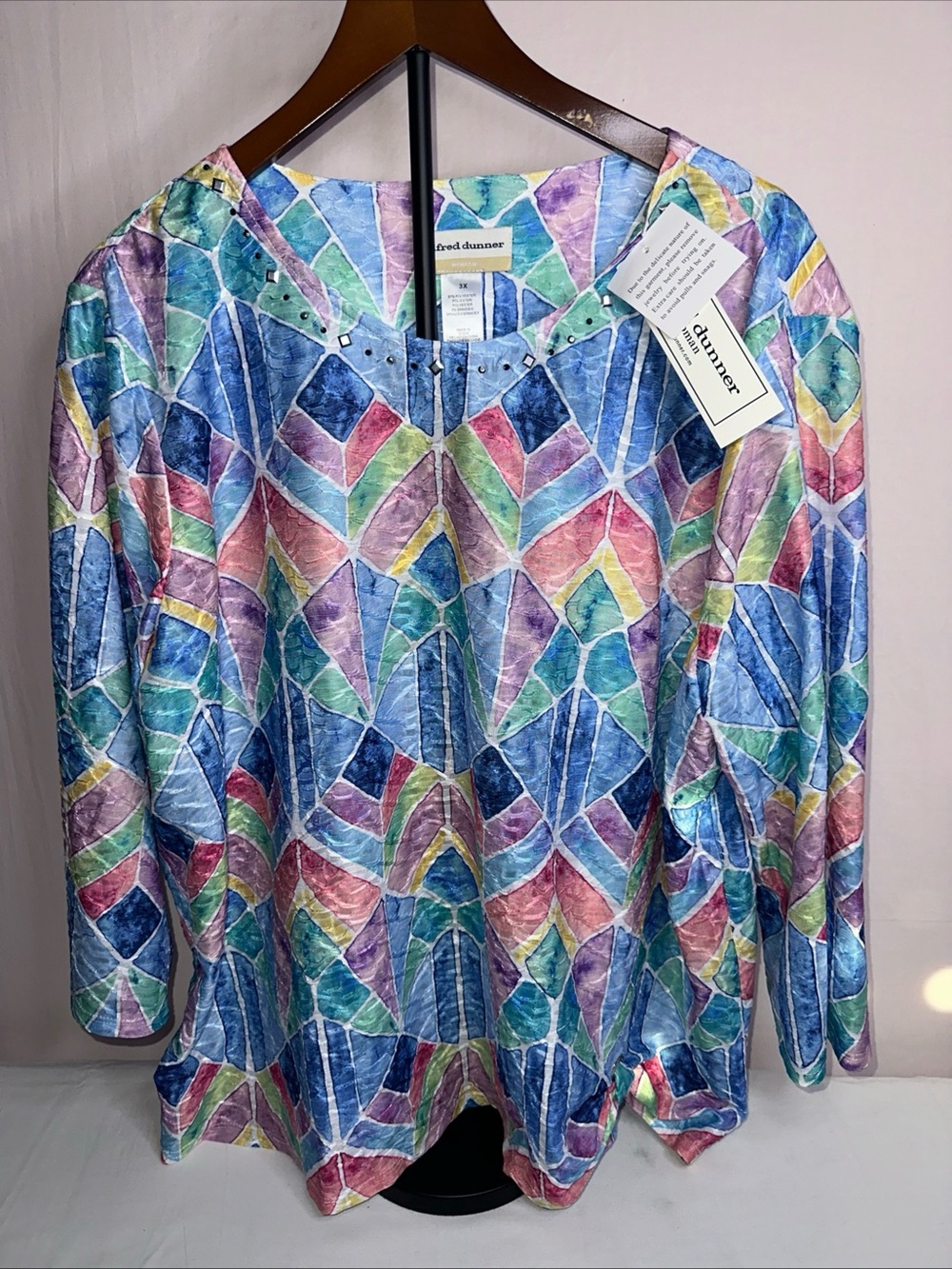 Alfred Dunner Pastel Geometric Print Top with Stud Accents